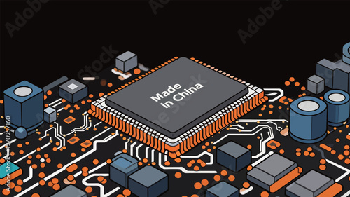 Microchip with made in china text on a circuit board shows technology and manufacturing in a modern design