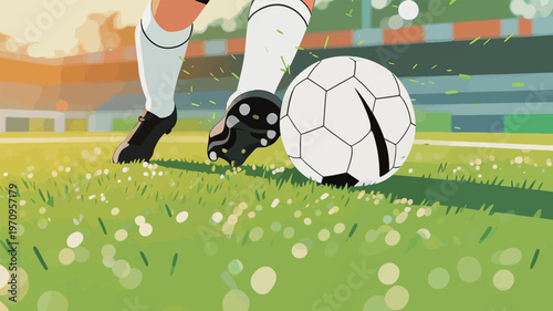 Soccer player kicks a football on the field during a sunny day at the stadium with grass and goal posts