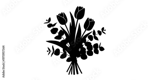 Black silhouette of tulip bouquet.