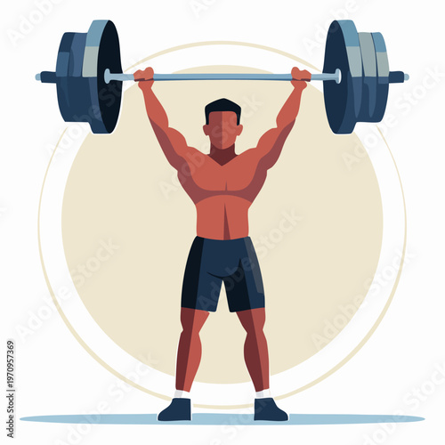 Weightlifter lifting barbell overhead during intense workout session.