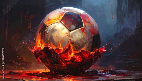 Fiery Soccer Ball Submerged in Molten Lava with Dynamic Splashes in a Dark, Mysterious Cavern, Evoking Intensity and Power