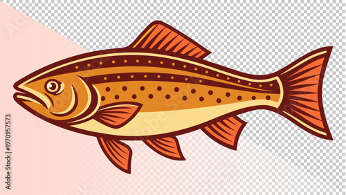 Artistic depiction of a golden trout with prominent dark spots and striped pattern with freshwater fish with white background with fish icon with fish illustration