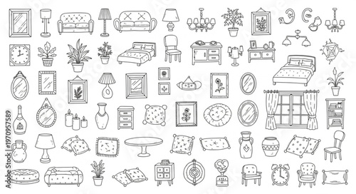 Collection of Hand-Drawn Interior Design Elements and Objects.
