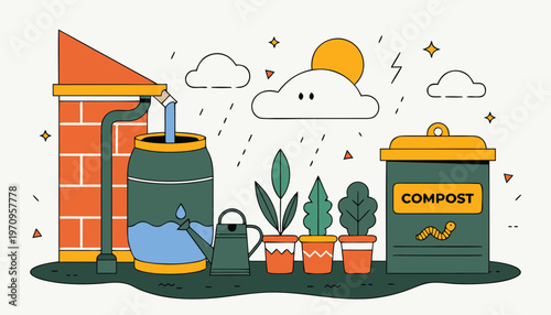 A colorful vector illustration of a rainwater harvesting system with compost bin and potted plants