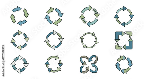 Circular Arrows Vector Set: Refresh, Cycle, and Recycling Icons in Green and Blue Graphic Design