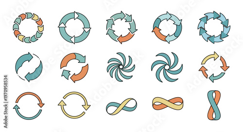 Collection of Circular Arrow Icons and Infinity Symbols for Cycle and Process Concepts