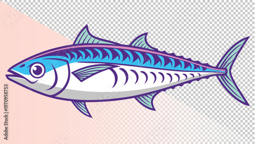 Pixel art illustration of a mackerel fish with blue and purple wavy lines on its back and white belly with sea life with transparent background with pet store