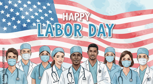 Happy Labor Day banner with diverse medical professionals and US flag background