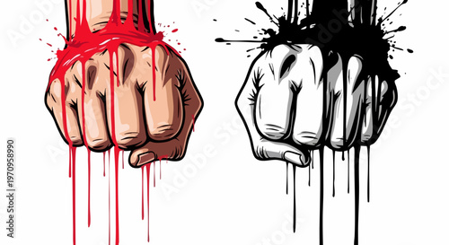 Clenched fist vector illustration with dripping red blood and black ink, powerful hand gesture with liquid splatter, aggressive comic style art