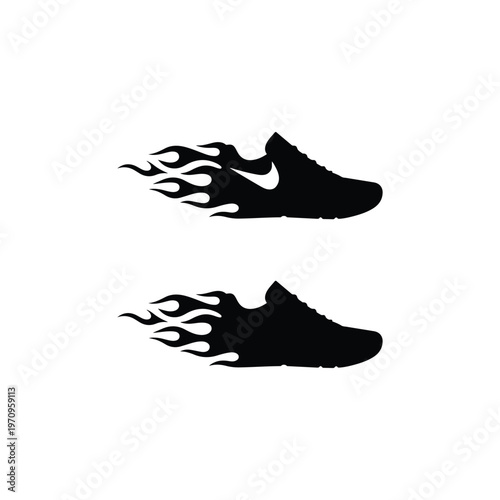 Flame Running Shoe Logo Vector, Black Silhouette of a Running Shoe with Flames and Lightning, Run shoe Vector, football shoes vector icon illustration