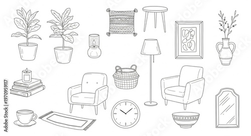 Collection of Hand-Drawn Interior Design Elements and Furniture.