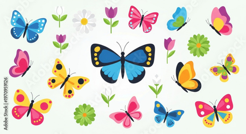 Colorful butterflies and flowers arrangement on white background spring insects and blooms