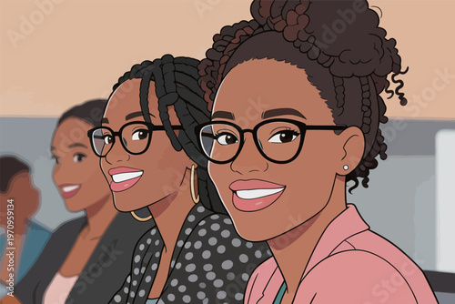 Women smile and engage in a meeting during a professional event in an office setting with other participants present