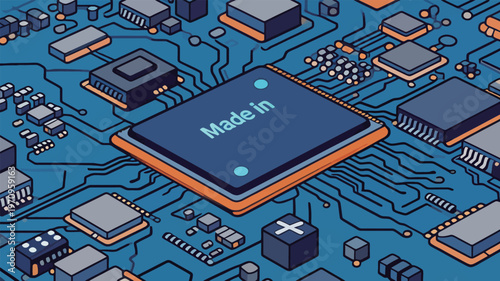 Close up view of a circuit board with microchips and a central processing unit in a technology setting