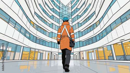 Worker walks through modern building with glass walls and curved design in daylight