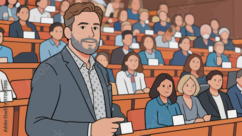 Man speaks to large audience in conference hall during presentation in the afternoon light with many people seated