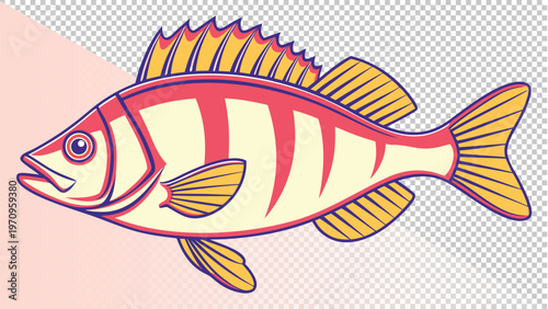 Pixel art illustration of a perch fish with red stripes and yellow fins and belly with sea life with transparent background with pet store