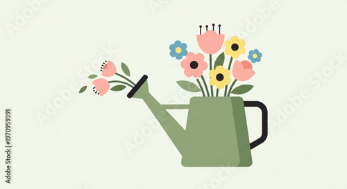 Colorful flowers in a green watering can on a light background symbolizing spring gardening and growth