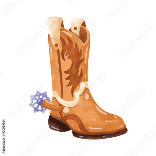 Cowboy boot vector illustration, hand drawn watercolor painting style, cowboy boot clip art, cowboy boots clip art, brown cowboy boots with spur