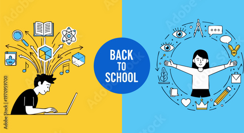 Back to school vector banner, student learning with laptop and educational icons, creative education concept with boy and girl characters