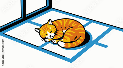 Vector illustration of a cute orange tabby cat sleeping in a square patch of sunlight. Perfect for pet lover designs, cozy home concepts, and lazy summer afternoon relaxation illustrations