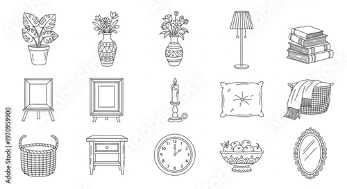 Collection of Hand-Drawn Interior Design Elements and Furniture Sketches.