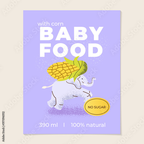 Cute elephant with corn kids food label. Friendly animal character, healthy nutrition concept for baby food packaging, organic product branding, colorful playful commercial design.