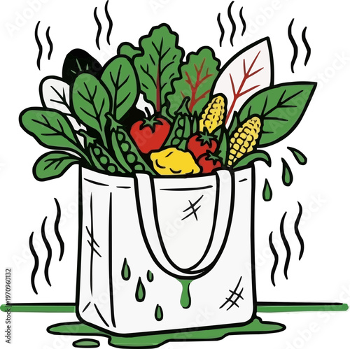Cartoon vector of a tote bag filled with stinky food waste and rotting vegetables leaking green liquid. Ideal for composting, eco-friendly, and food waste reduction campaign materials