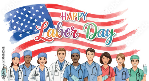 Happy Labor Day banner with diverse medical professionals and watercolor American flag background