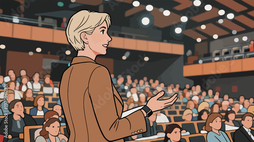 Speaker engages audience at conference in large hall during daytime event in city setting