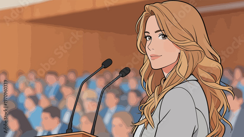 Woman speaks at a podium in front of a large audience during a formal event in a conference hall