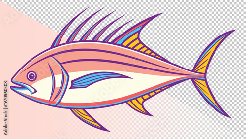 Stylized illustration of a pink and blue tuna fish with fin details with marine life with game fish