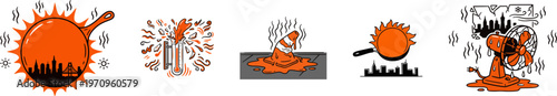Vector set of extreme summer heatwave icons. Features a melting traffic cone, exploding thermometer, melting fan, and frying pan sun over a city. Perfect for global warming and hot weather clipart