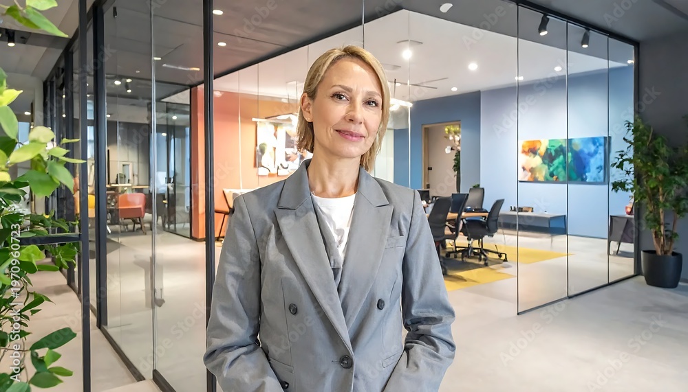 Fototapeta premium Confident businesswoman in modern office setting, exuding professionalism.