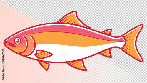 Simple graphic illustration of a pink and orange salmon or trout swimming with marine life with game fish