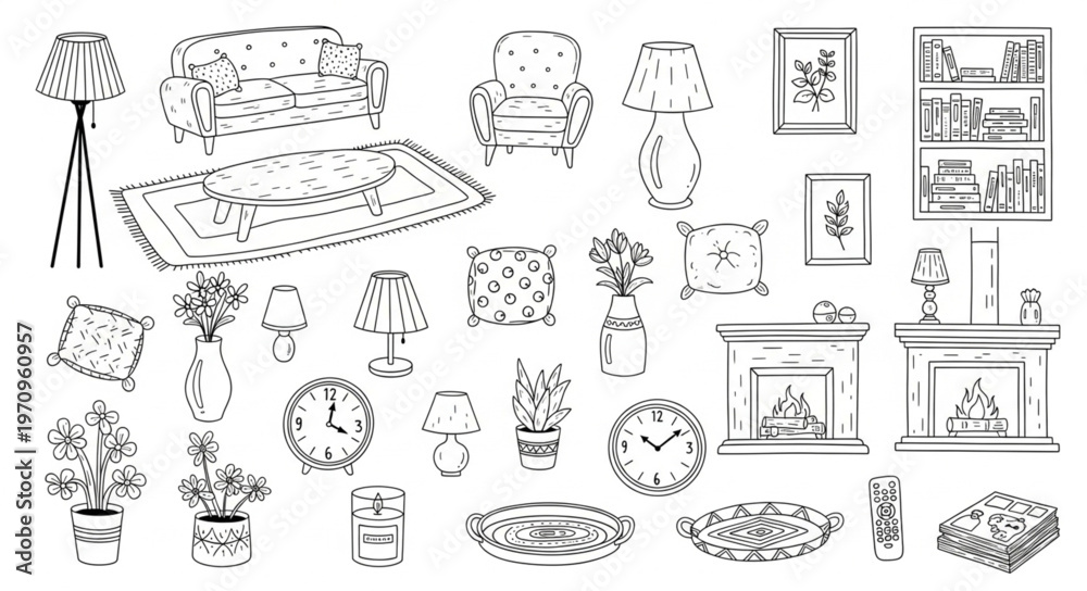 Fototapeta premium Collection of Hand-Drawn Interior Design Elements and Furniture.