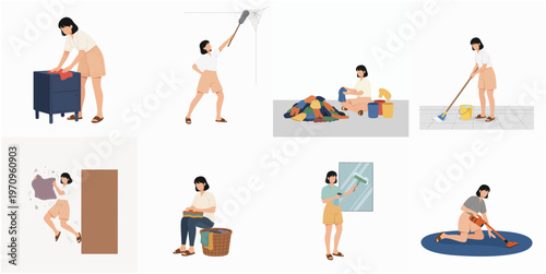 Flat Illustration Various Woman Doing Housework Activity Chore Routine Character