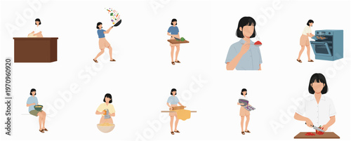 Flat Woman Doing Various Activities Lifestyle Concept Illustration Set
