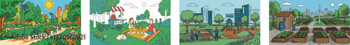 Set of 4 summer city park vector illustrations. Features biking, family picnic, kids playground, and an urban community garden. Perfect for lifestyle backgrounds, banners, and vacation clipart