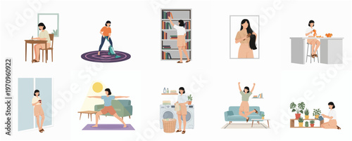 Flat Design Woman Daily Activities at Home Illustration Lifestyle Set