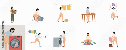 Flat Woman Character Doing Various Laundry Related Activities Set Illustration
