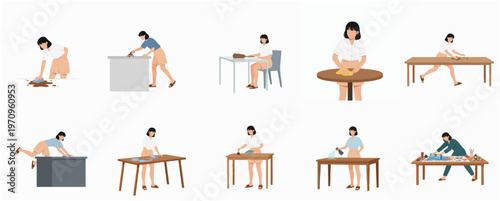 Flat Illustration Woman Cleaning Different Surfaces in Various Poses and Methods