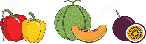 Bell Pepper Melon and Passion Fruit Vector Illustration Set Featuring Fresh Vegetables and Tropical Fruits Collection Isolated