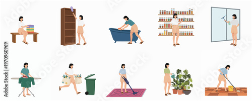 Flat Illustration Woman Doing Household Chores Routine Activity Home Concept