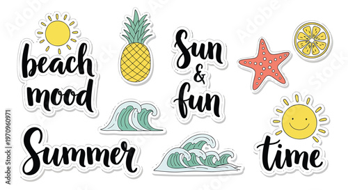 Summer stickers, beach mood icons, sun fun graphics, tropical vacation elements