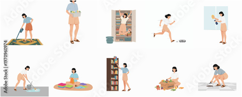 Flat Illustration Woman Cleaning Activity in Different Situation Daily Life Scene
