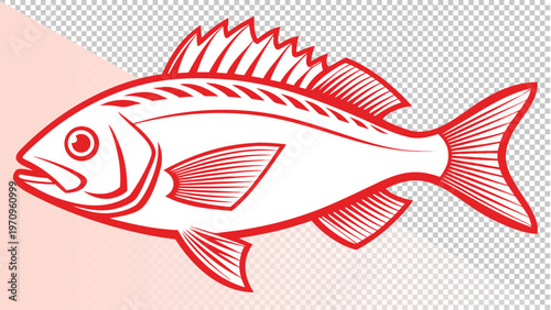 Pixel art illustration of a red snapper fish with red outline and details on a light background with sea life with transparent background with pet store