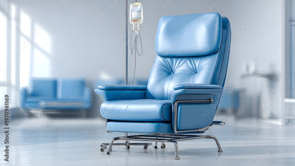 Fototapeta premium Modern Blue Sofa in Contemporary Healthcare Interior, Comfortable Seating Area for Blood Donor Clinic, Realistic Photography of Hospital Lounge Room, Minimalist Medical Facility Design