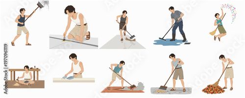 Flat Illustration Various Housework Activity With Different Tool and Position Collection