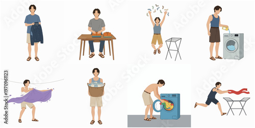 Detailed Flat Illustration of Man Doing Laundry Routine Activity Lifestyle